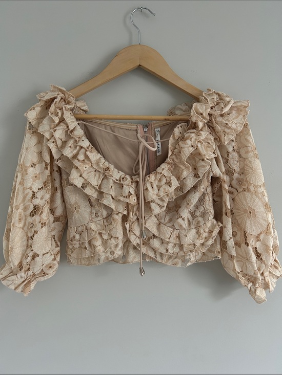 Indikah Tops - Indikah Beige Floral Lace Ruffle Crop Top Blouse